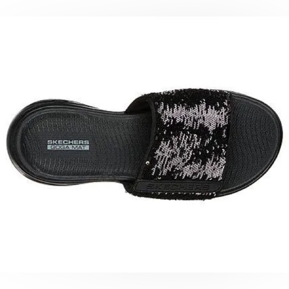 SKECHERS BLACK SEQUIN SLIDE SANDAL - Picture 5 of 9